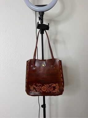 Wabags Vintage Genuine Leather Floral Tooled Brown Tote Bag